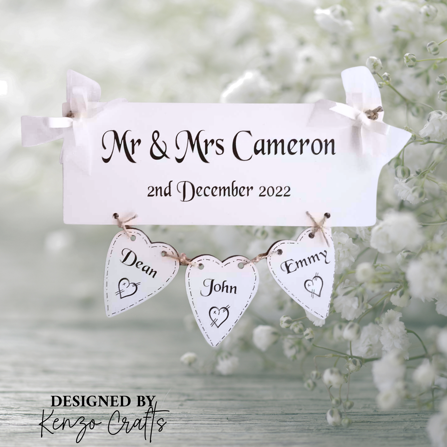 Personalised Wedding Wooden Plaque with Hanging Hearts — Surname Keepsake Gift