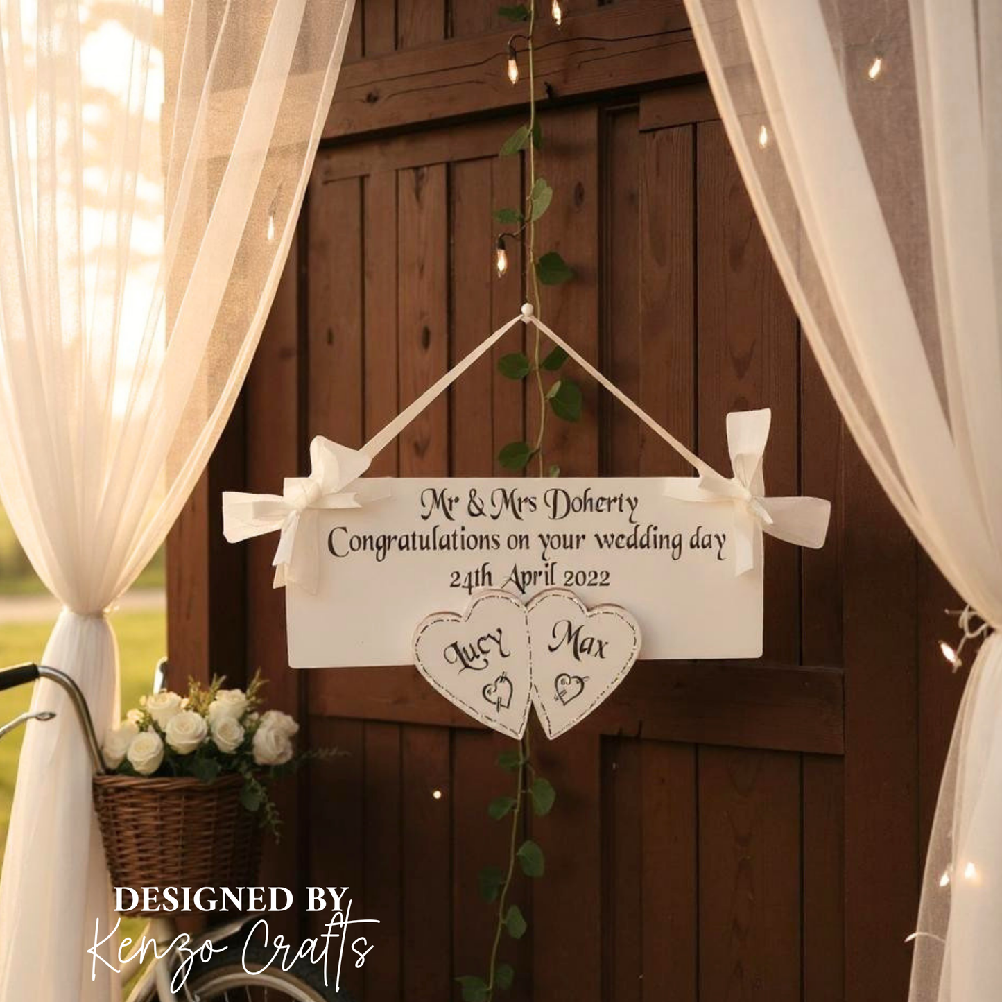 Personalised Wedding Wooden Wall Plaque with Hearts — Names & Date Keepsake Gift