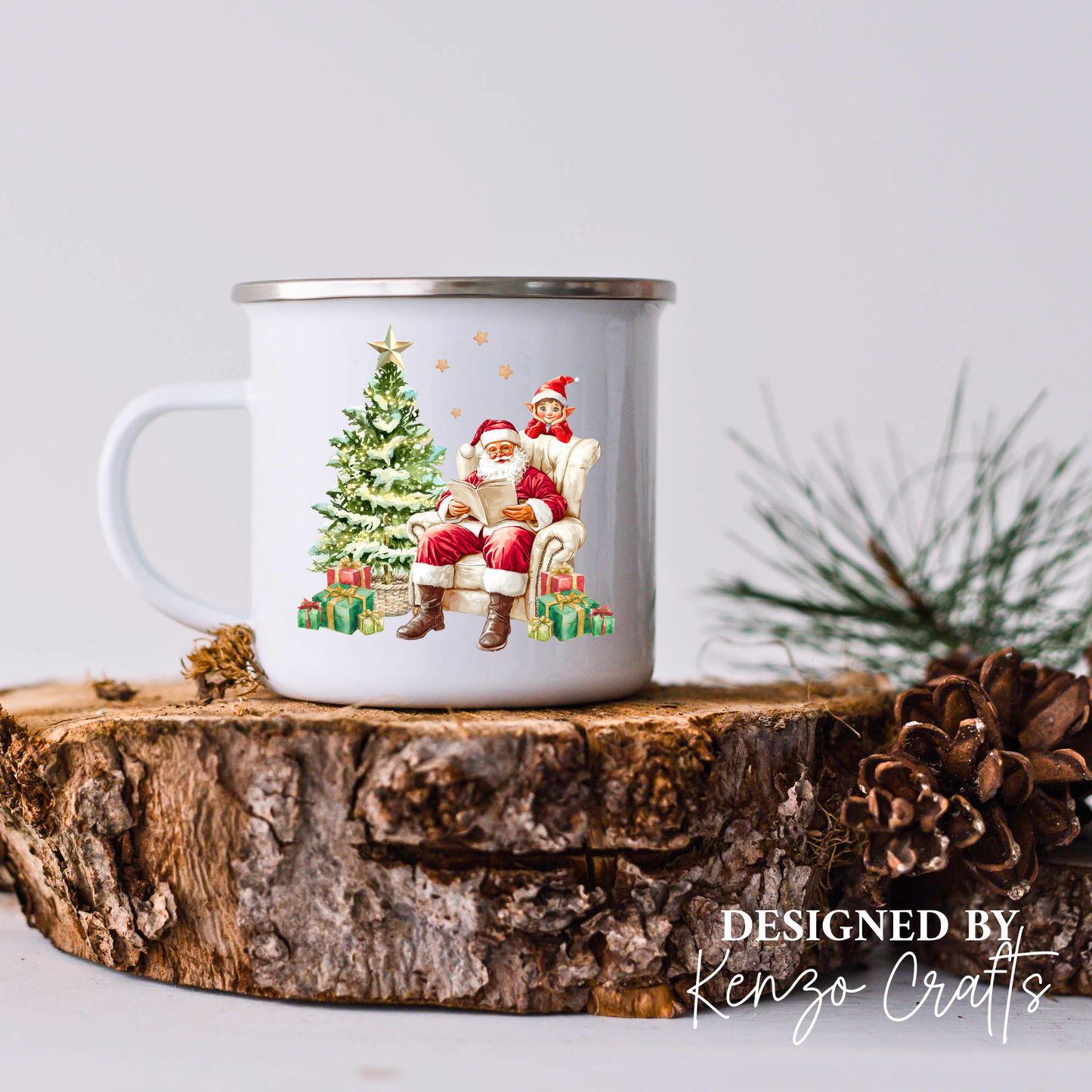 Personalised Children's Christmas Santa & Elf Enamel Mug
