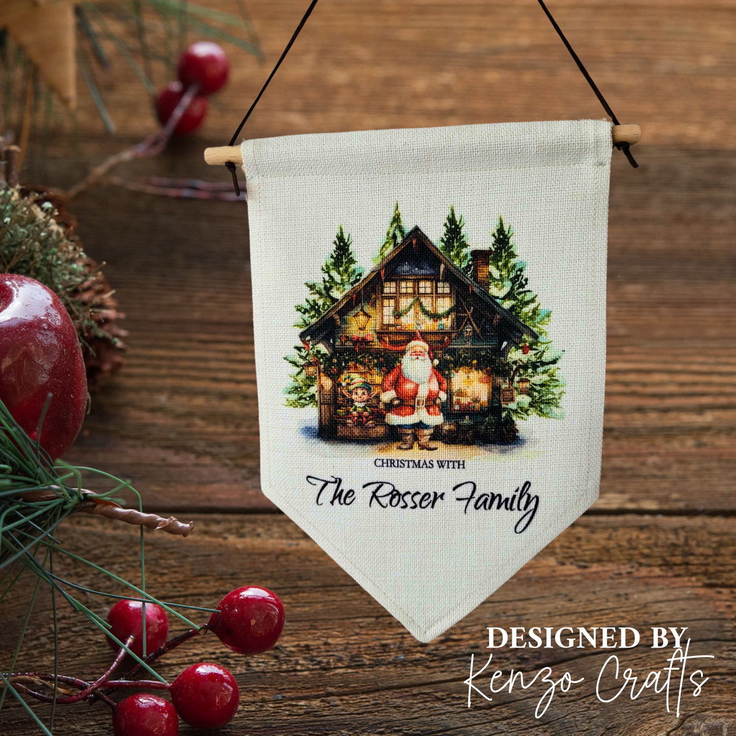 Personalised Family Christmas Pennant – Linen Keepsake with Bamboo Hanger