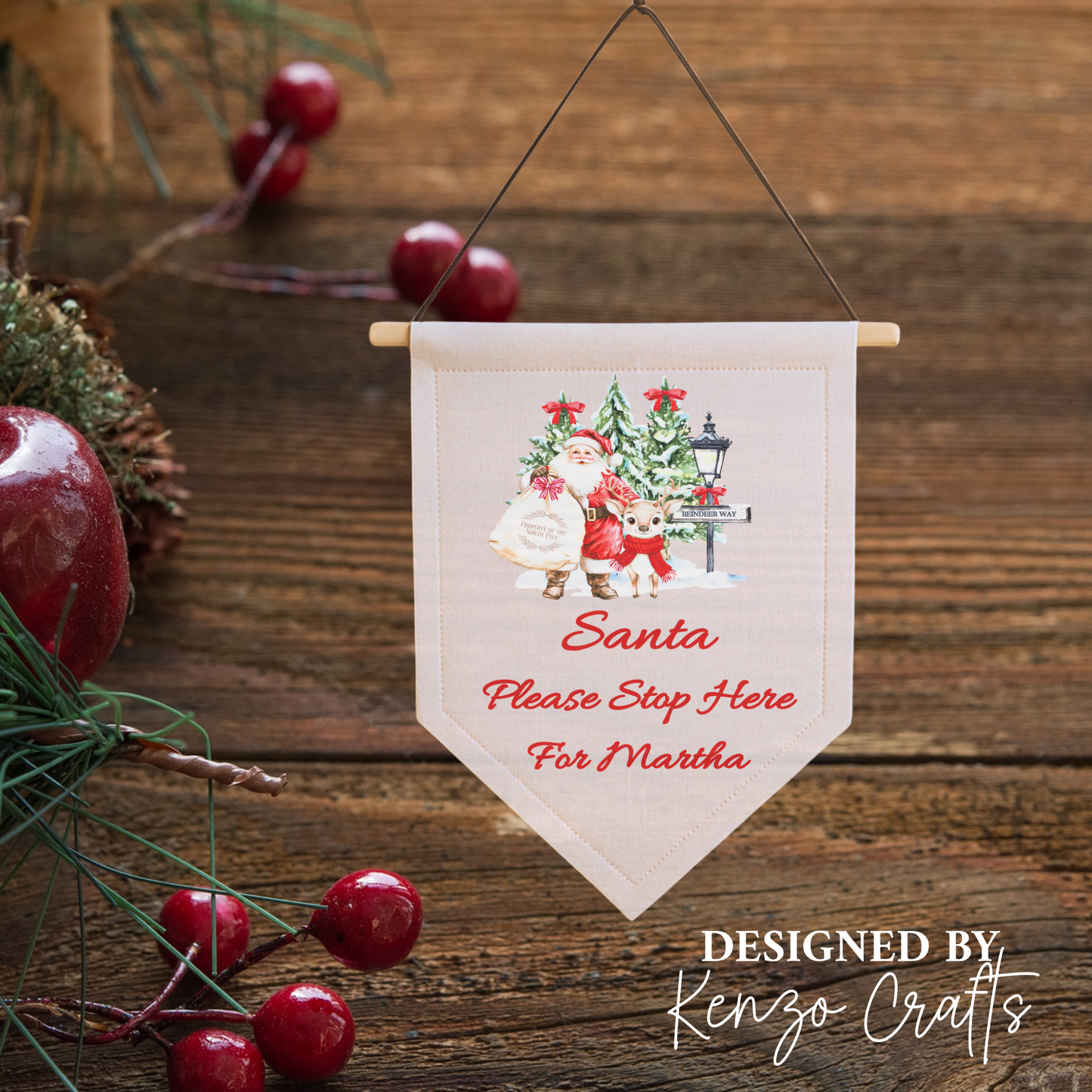 Personalised Santa Please Stop Here Christmas Pennant