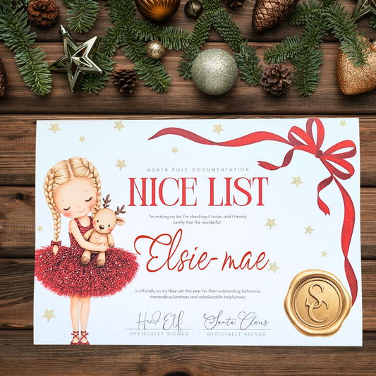 Personalised Christmas Nice List Certificate | Nutcracker Boy | Christmas Tutu Girl