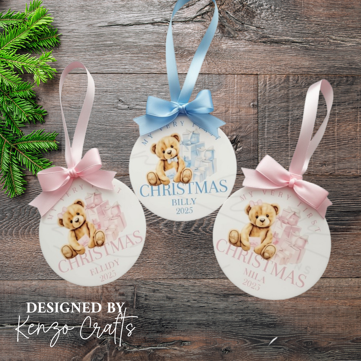 Personalised Baby's First Christmas Bear 2026 Tree Bauble