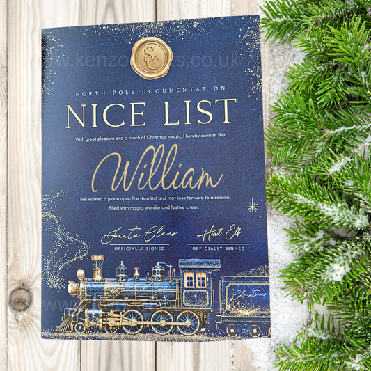 Personalised Nice List Certificate | North Pole Express Train | Red and Blue