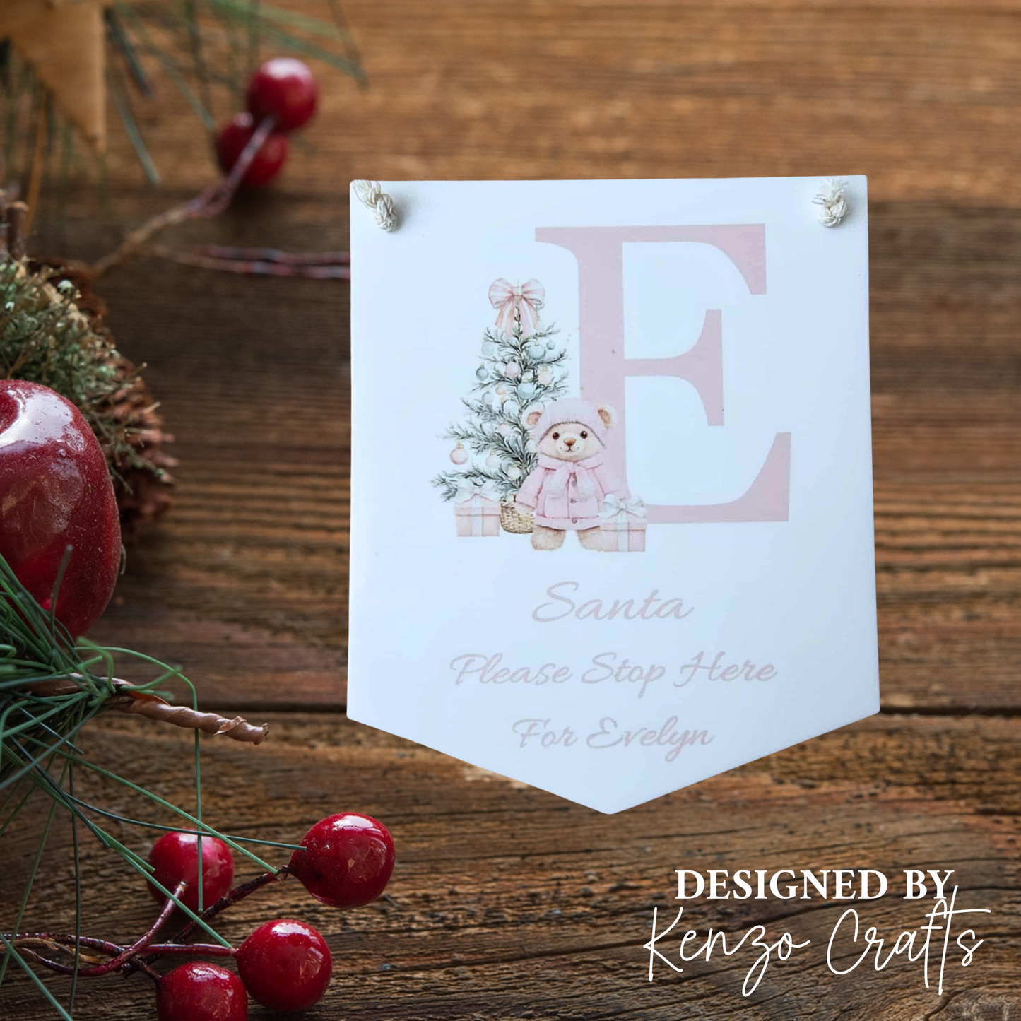 Santa Please Stop Here Personalised Hanging Pennant Baby Pink/Blue