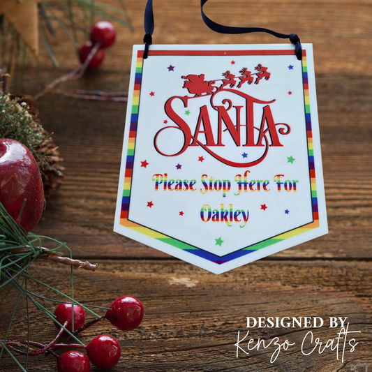 Personalised Santa Please Stop Here Acrylic Hanging Pennant