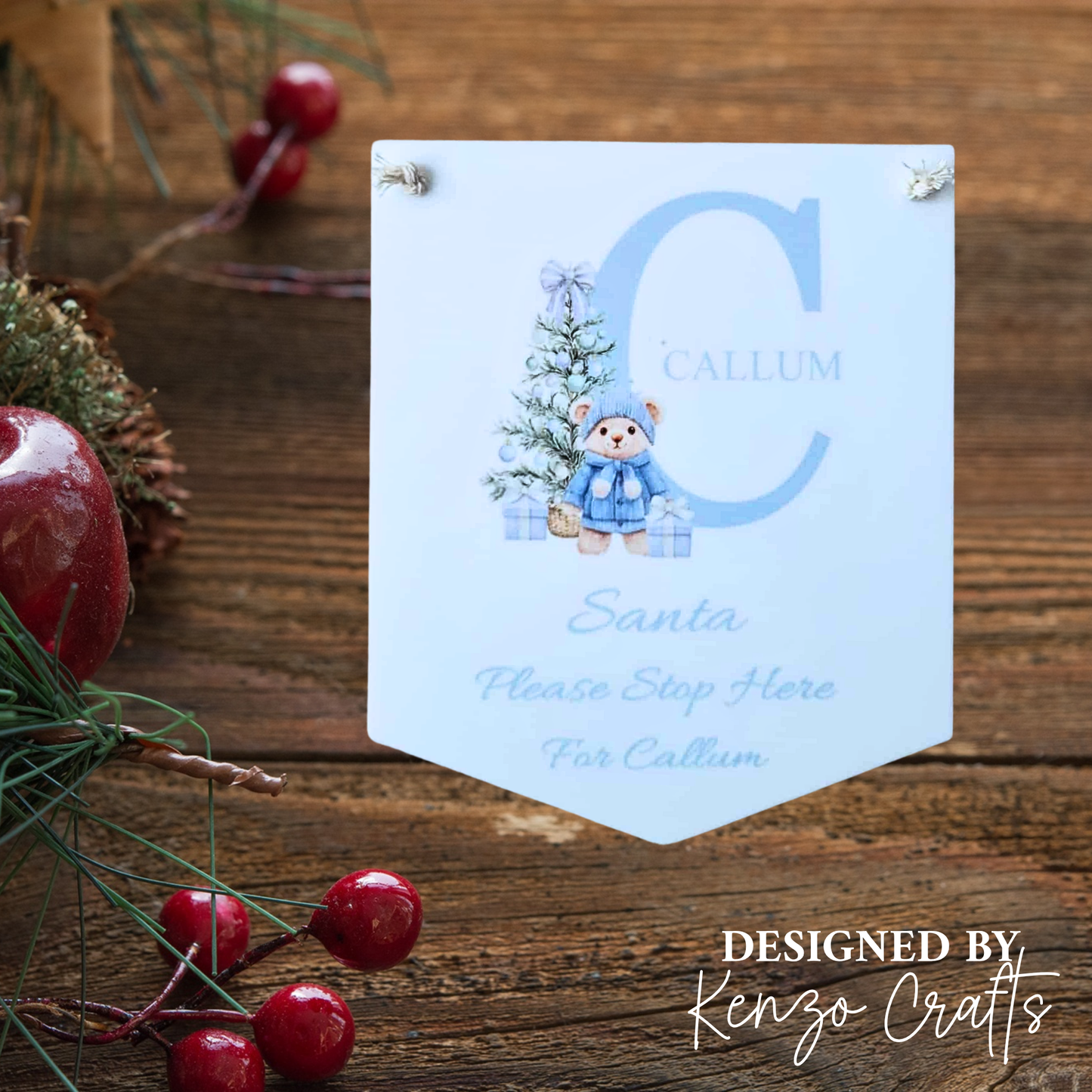 Santa Please Stop Here Personalised Hanging Pennant Baby Pink/Blue