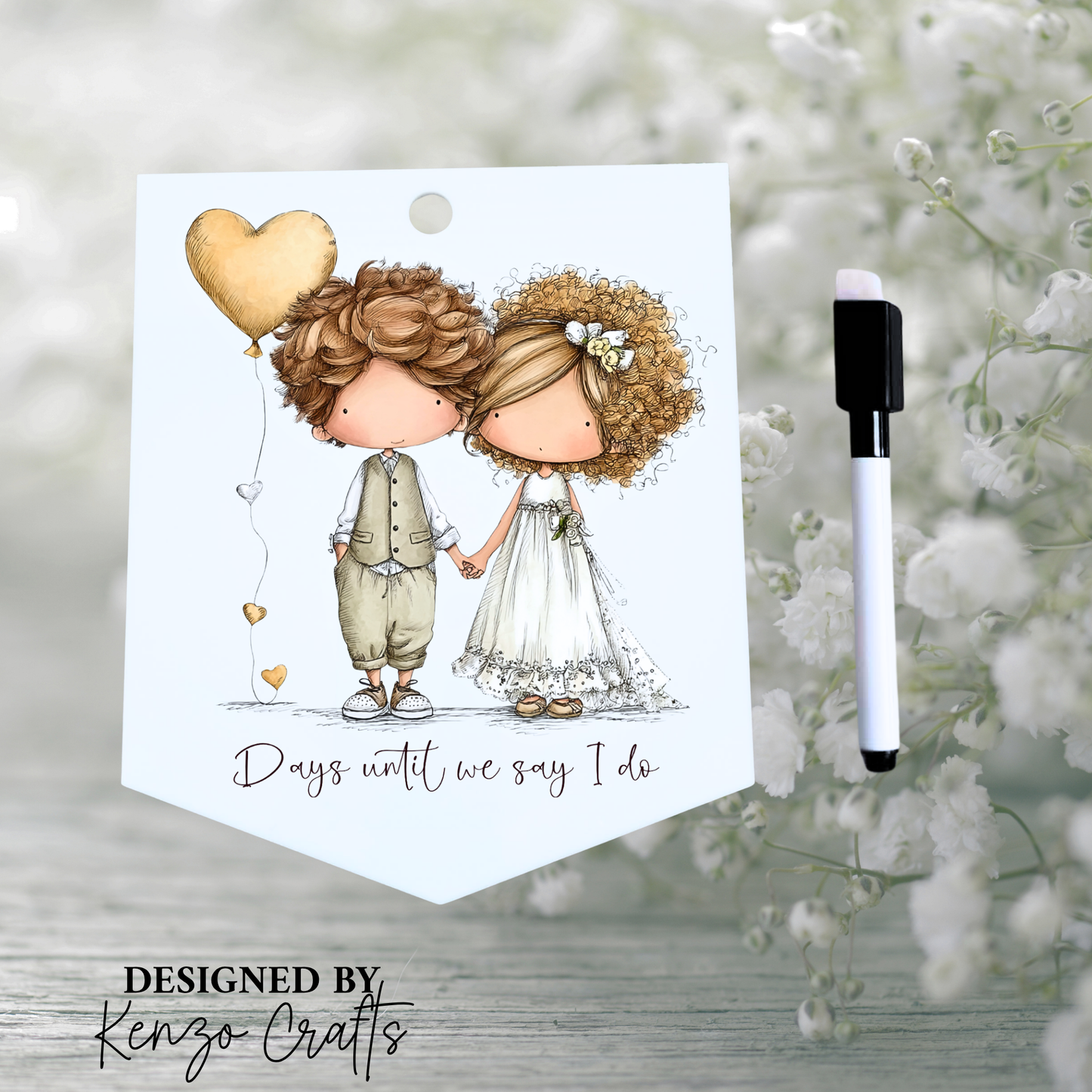 Personalised Vintage Wedding Countdown Sign with Pen — Acrylic Fridge Pennant