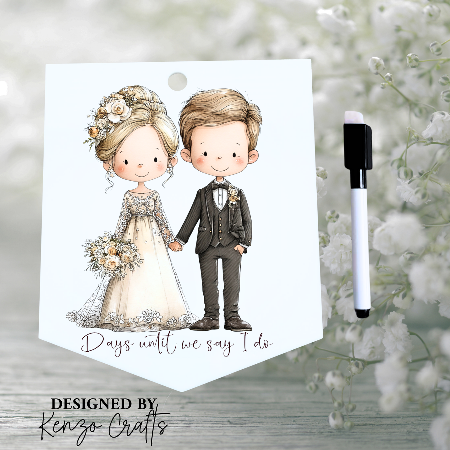 Personalised Vintage Wedding Countdown Sign with Pen — Acrylic Fridge Pennant