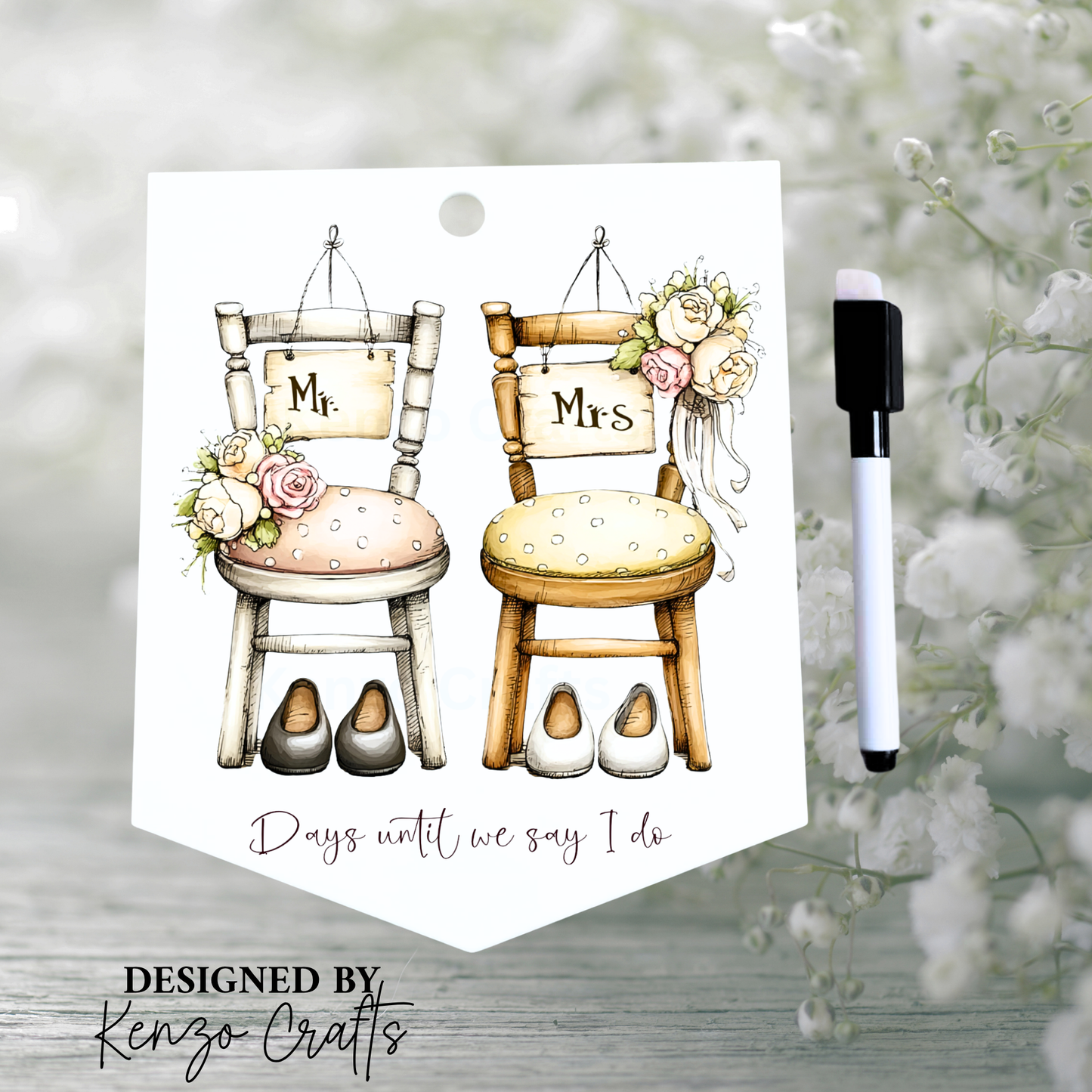 Personalised Vintage Wedding Countdown Sign with Pen — Acrylic Fridge Pennant