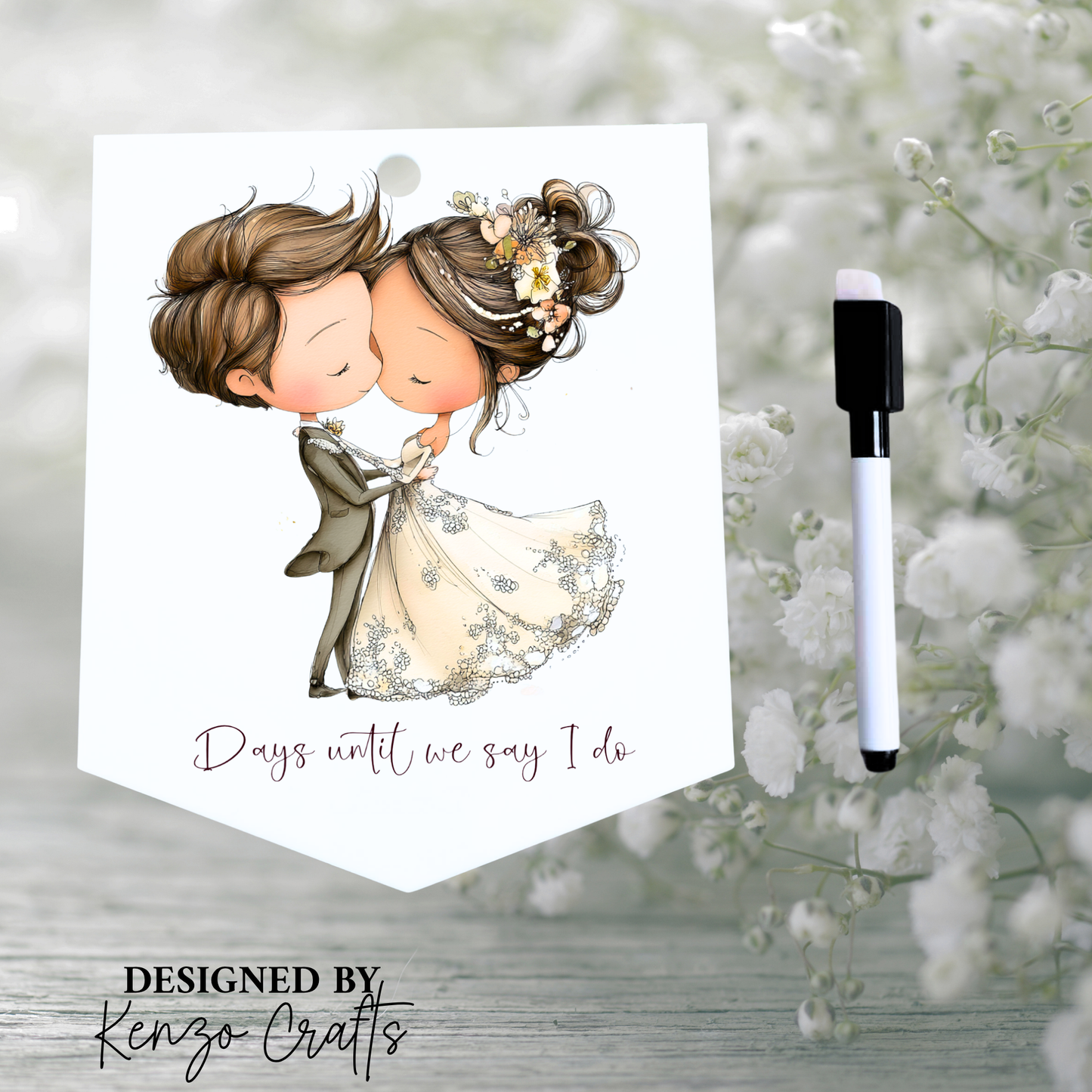 Personalised Vintage Wedding Countdown Sign with Pen — Acrylic Fridge Pennant