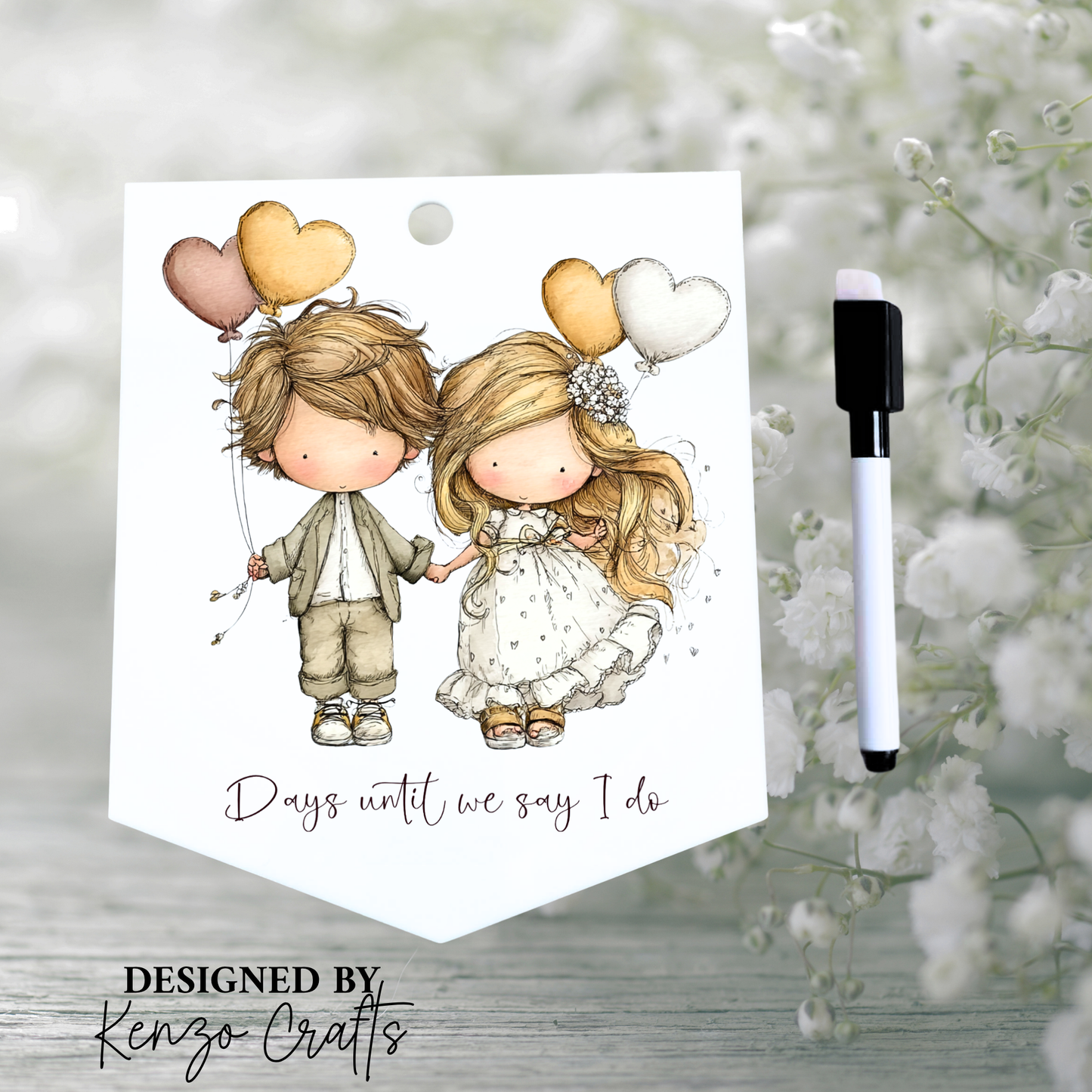 Personalised Vintage Wedding Countdown Sign with Pen — Acrylic Fridge Pennant