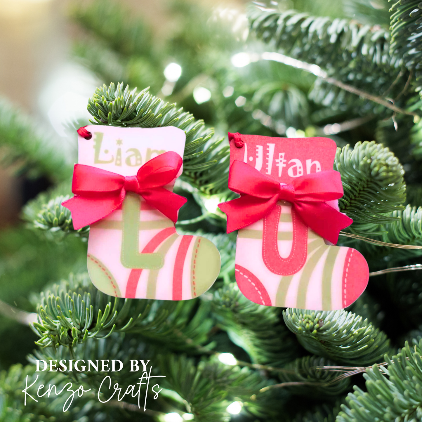 Personalised Initial Christmas Stocking Tree Decoration - Wooden Alphabet Bauble with Name