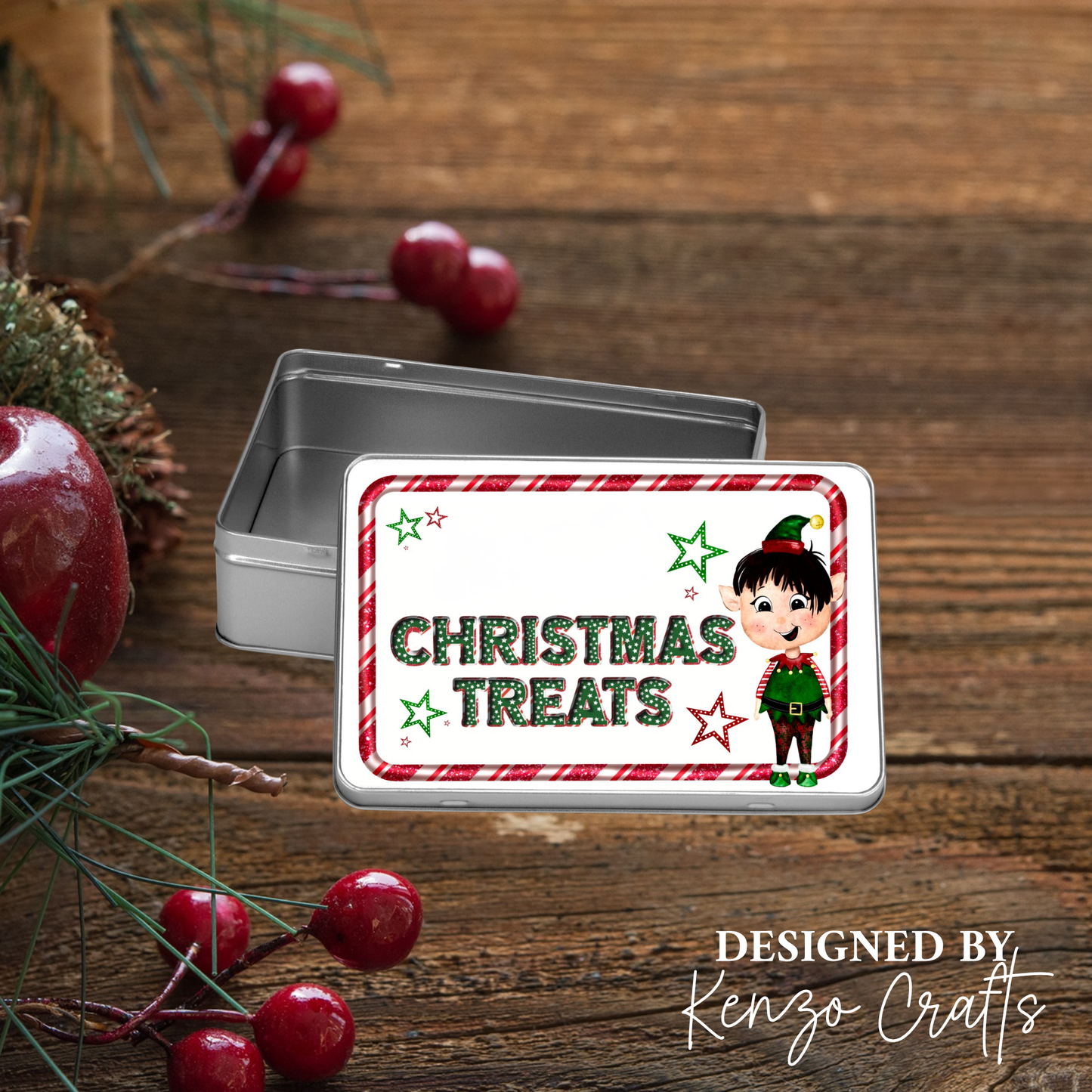 Personalised Elf Christmas Treat Tin Box - Boy or Girl Design