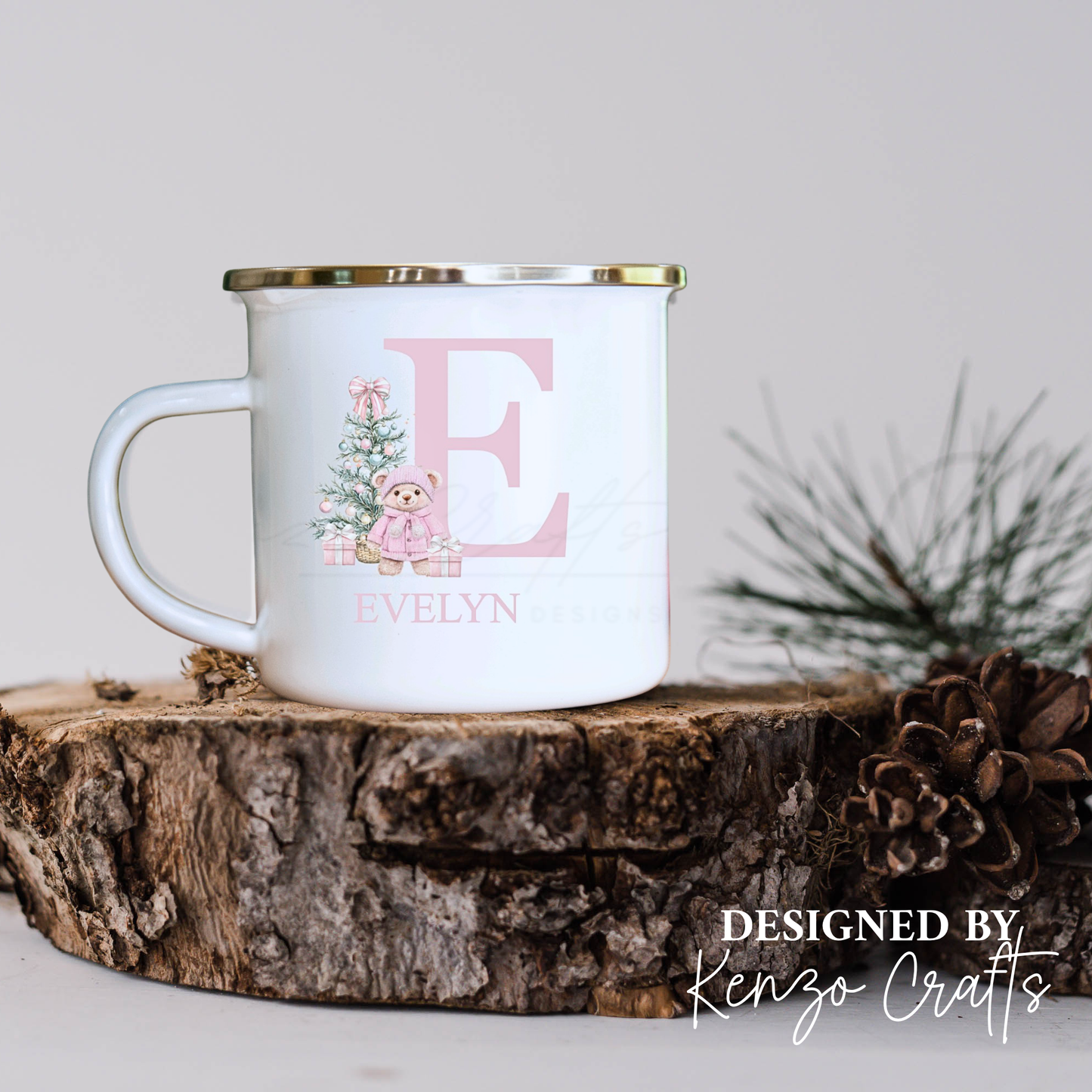 Personalised Children's Christmas Pink & Blue Teddy Enamel Mug