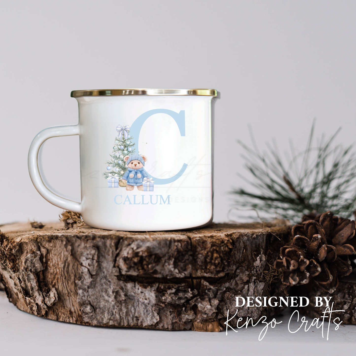 Personalised Children's Christmas Pink & Blue Teddy Enamel Mug