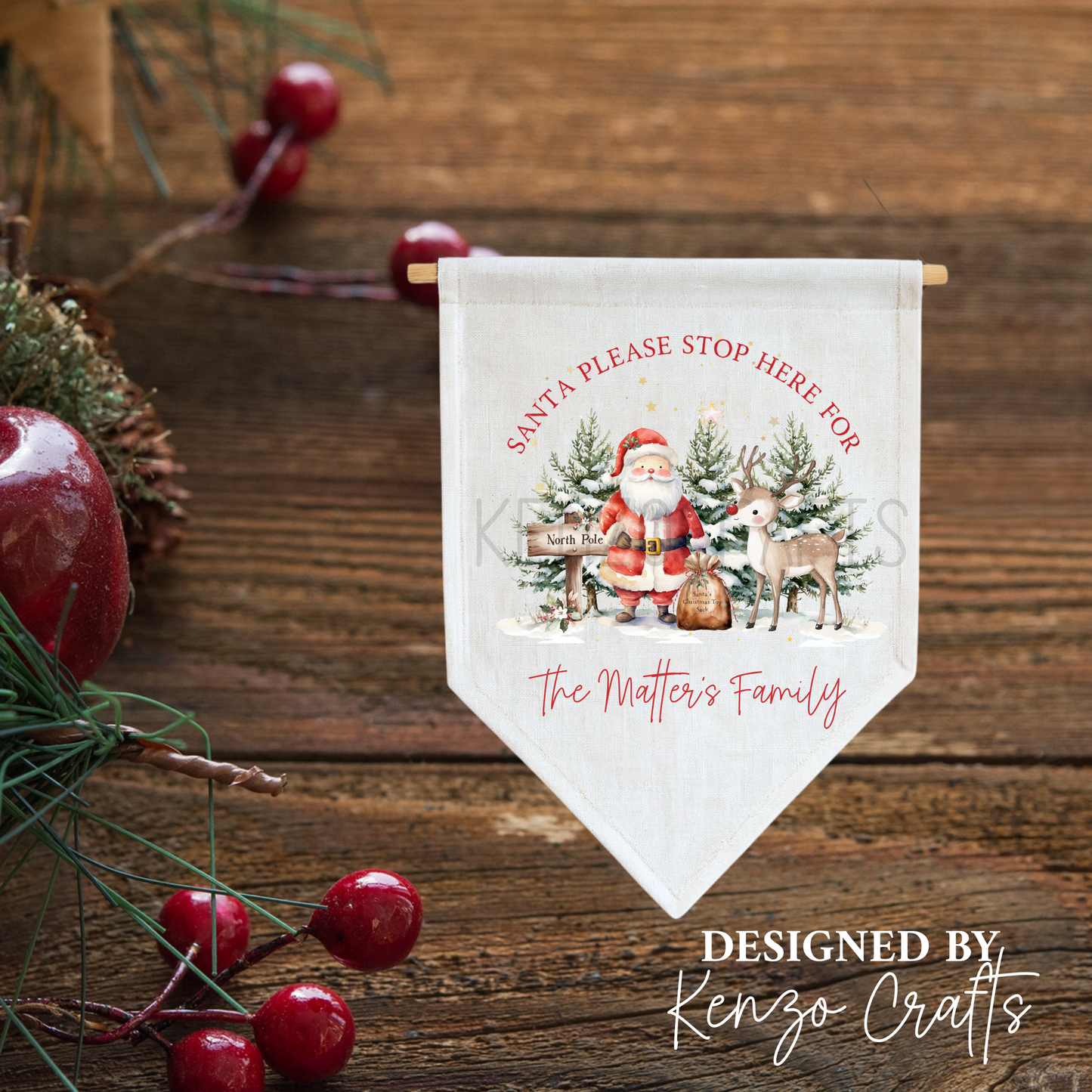 Personalised Santa Christmas Linen Pennant