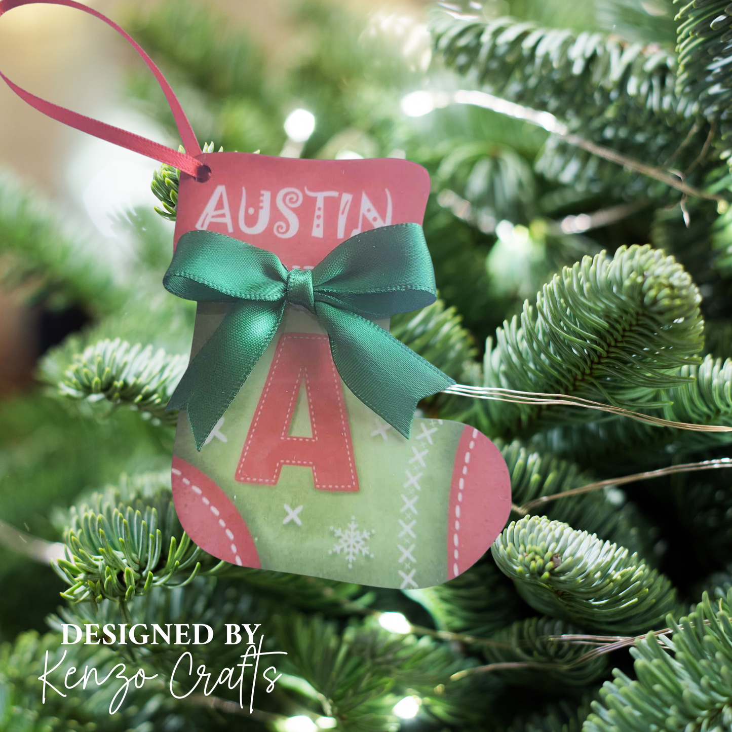 Personalised Initial Christmas Stocking Tree Decoration - Wooden Alphabet Bauble with Name