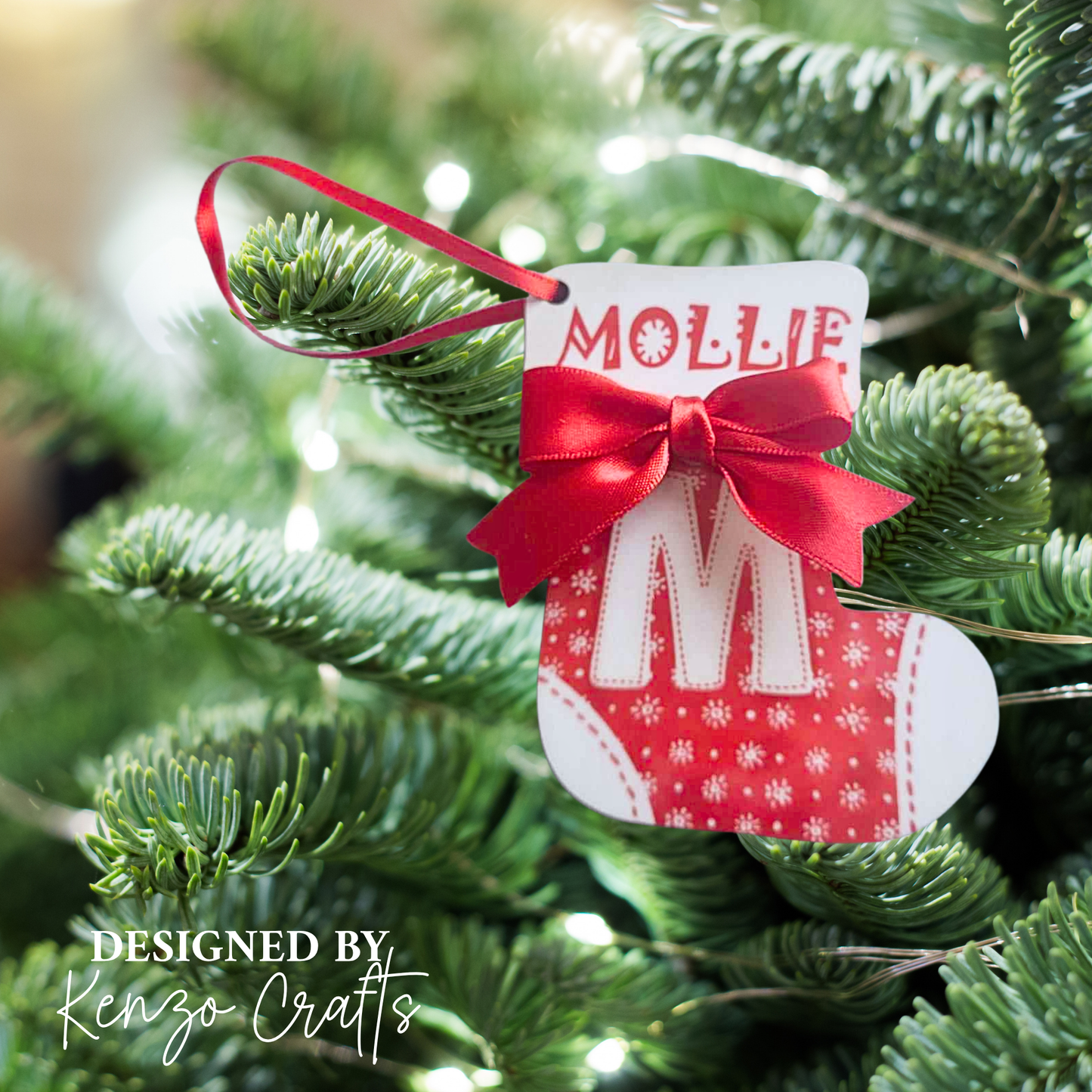 Personalised Initial Christmas Stocking Tree Decoration - Wooden Alphabet Bauble with Name