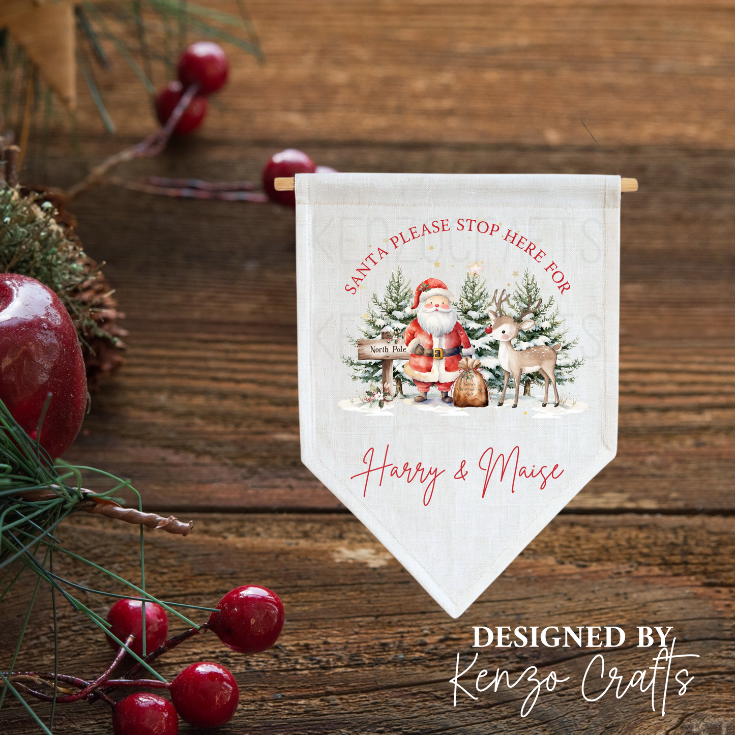 Personalised Santa Christmas Linen Pennant