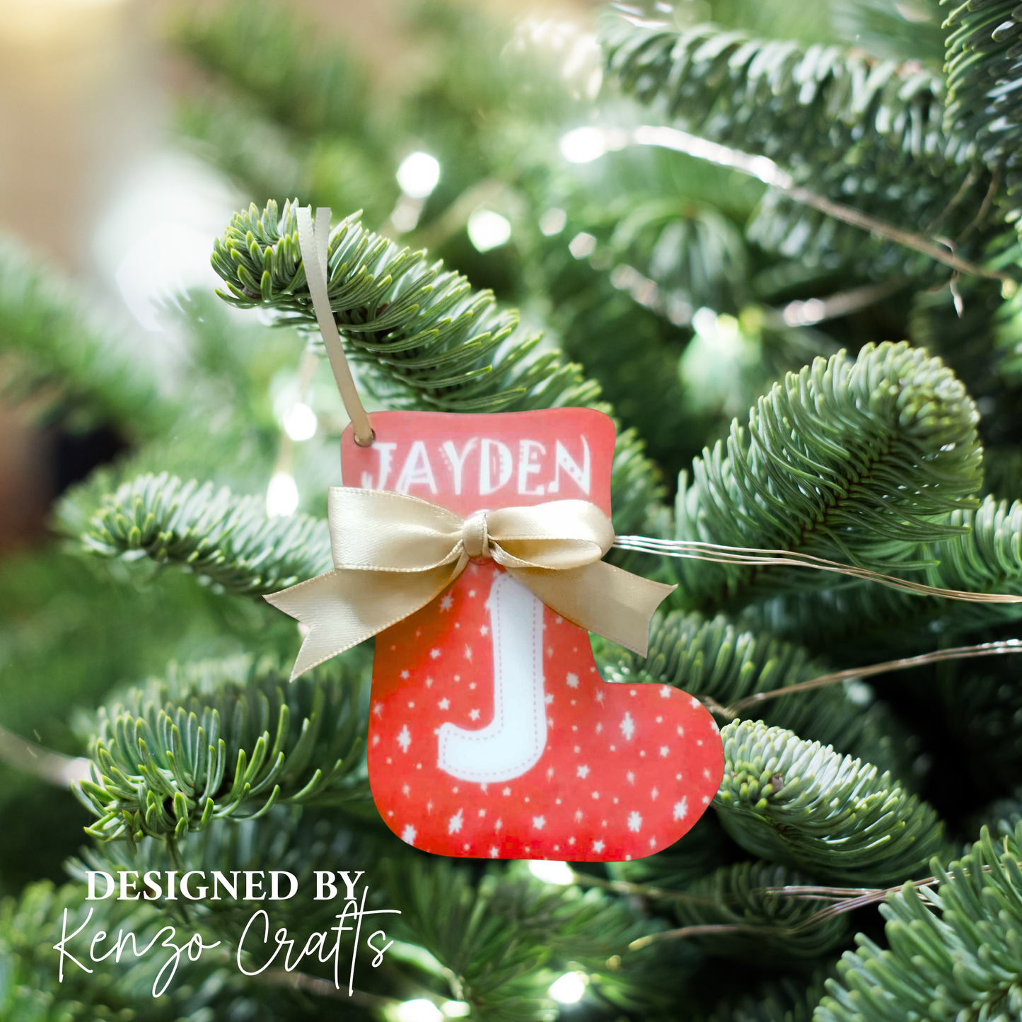 Personalised Initial Christmas Stocking Tree Decoration - Wooden Alphabet Bauble with Name