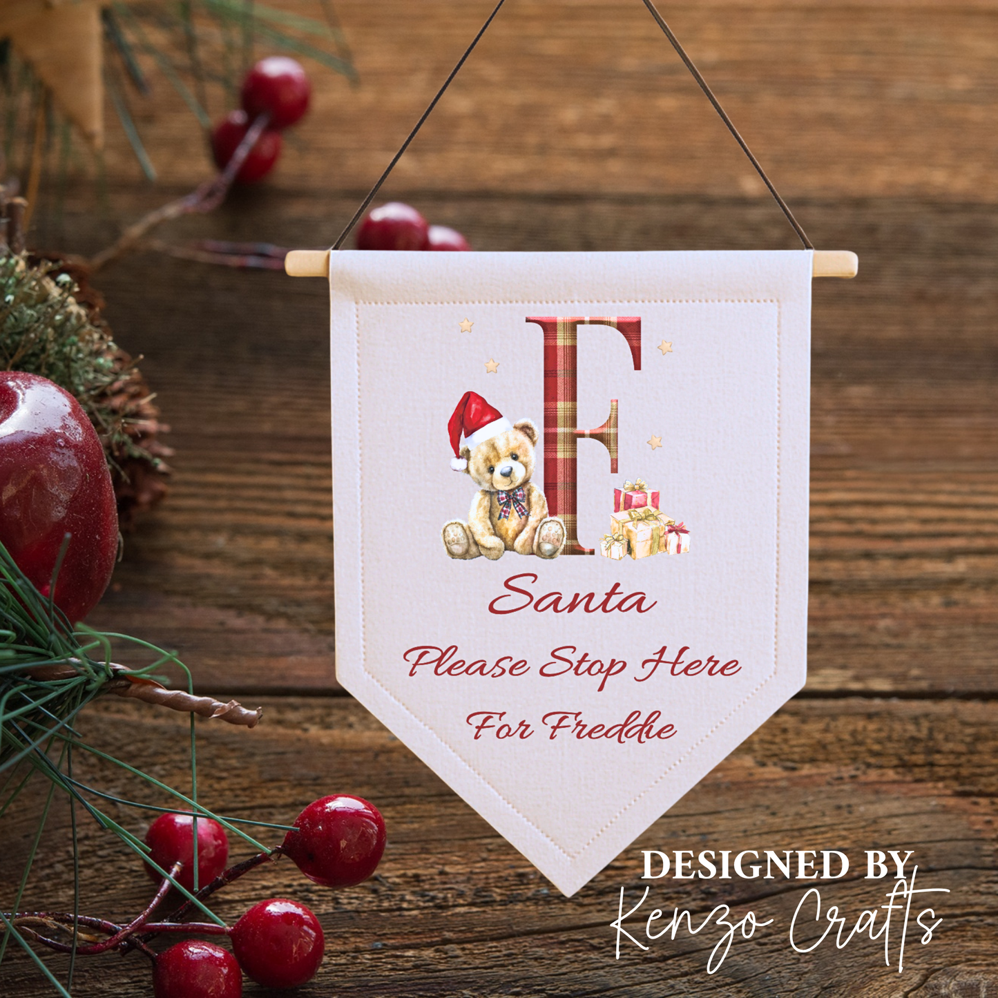 Personalised Santa Please Stop Here Linen Pennant | A-Z Character Designs