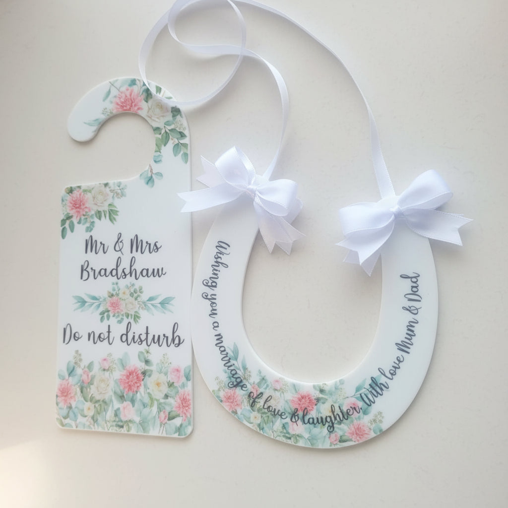 Personalised Floral Wedding Horseshoe Keepsake | Optional Hotel Door Hanger