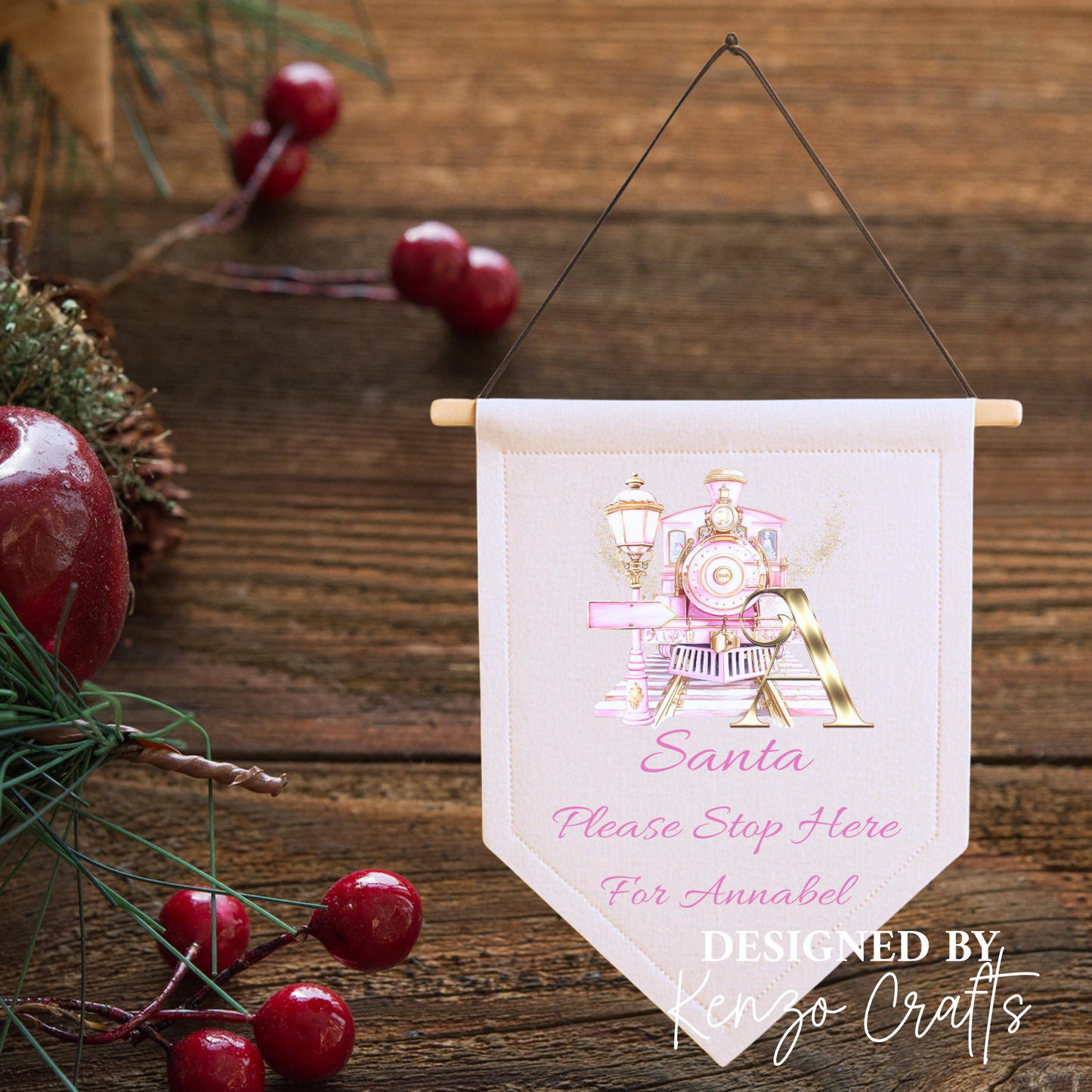 Personalised Santa Please Stop Here Linen Pennant | A-Z Character Designs