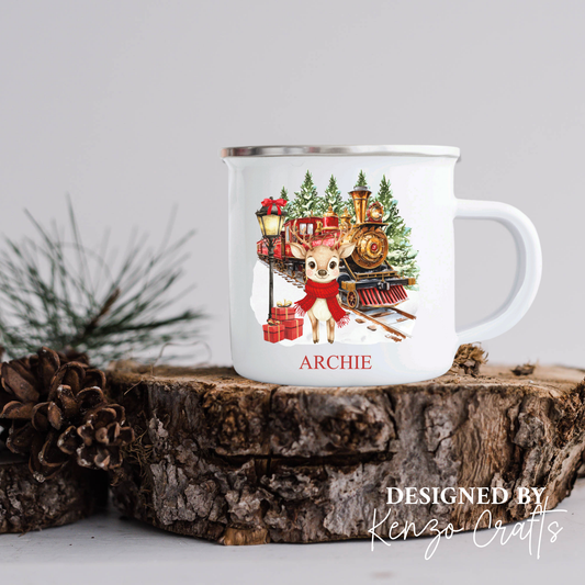Personalised Children's Christmas Polar Express Train & Deer Enamel Mug