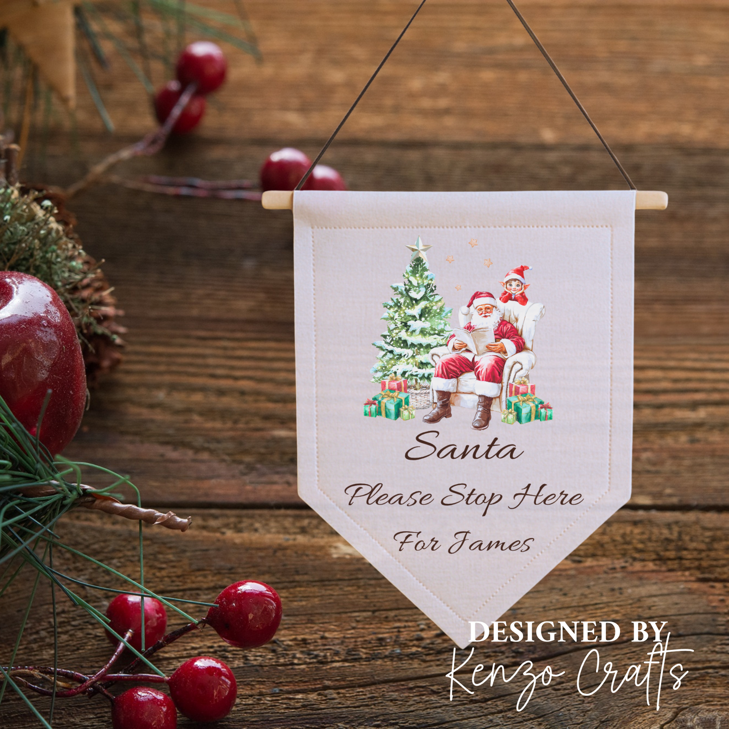 Personalised Santa Please Stop Here Christmas Pennant