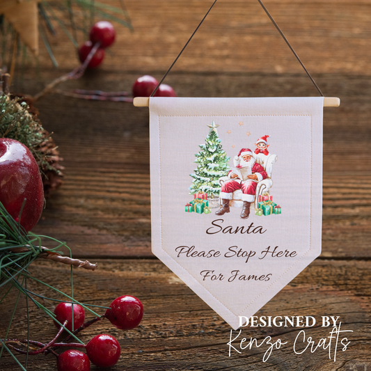 Personalised Santa Please Stop Here Christmas Pennant