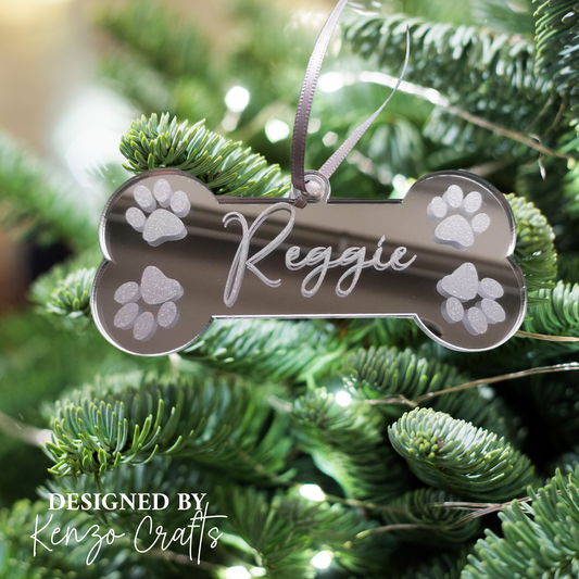 Personalised Mirrored Dog Bone Christmas Tree Decoration | Pet Name Bauble