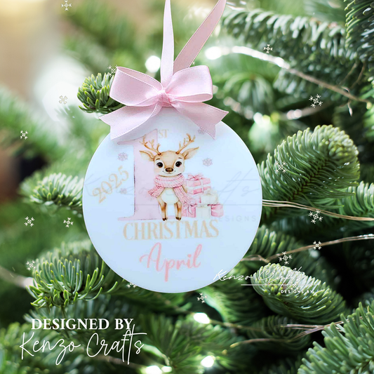 Personalised Baby's First Christmas Deer Tree Bauble | Pink & Blue Keepsake
