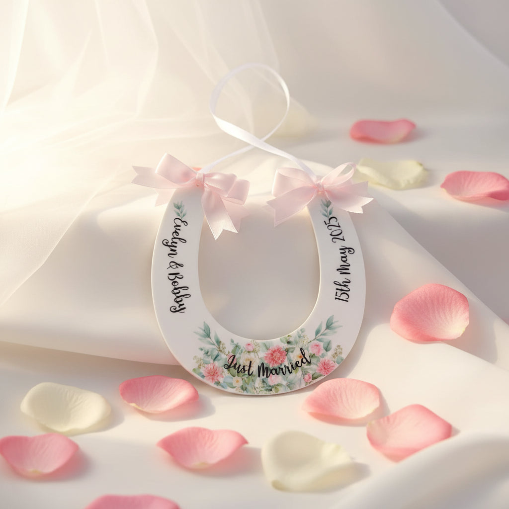 Personalised Floral Wedding Horseshoe Keepsake | Optional Hotel Door Hanger