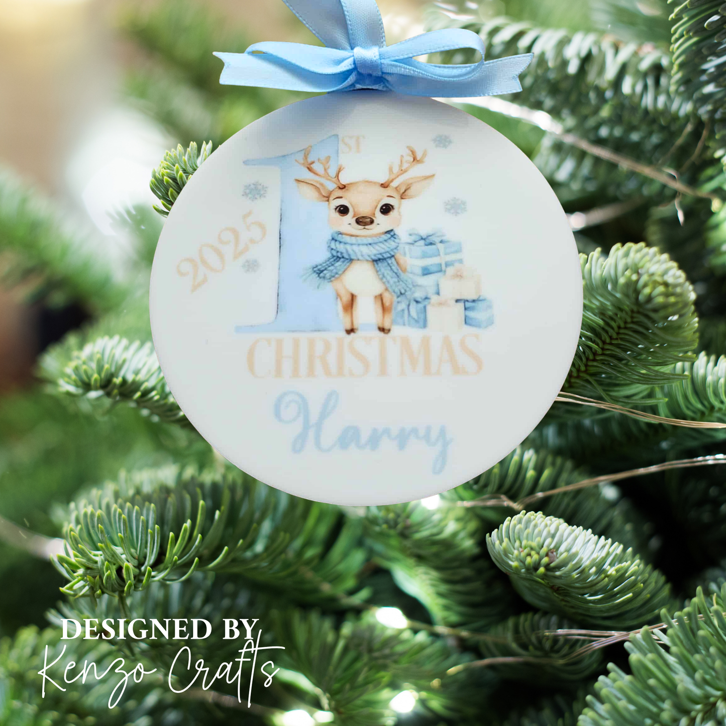 Personalised Baby's First Christmas Deer Tree Bauble | Pink & Blue Keepsake