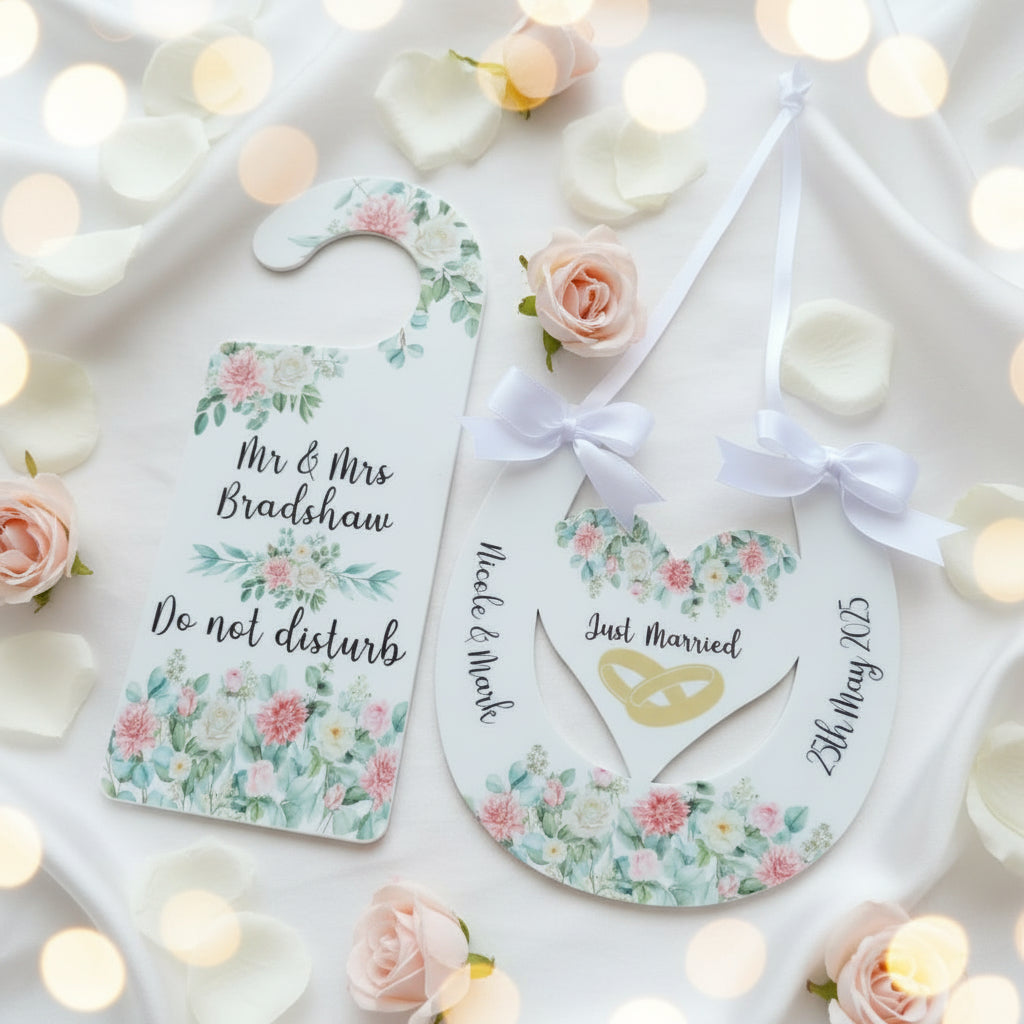 Personalised Floral Wedding Horseshoe Keepsake | Optional Hotel Door Hanger