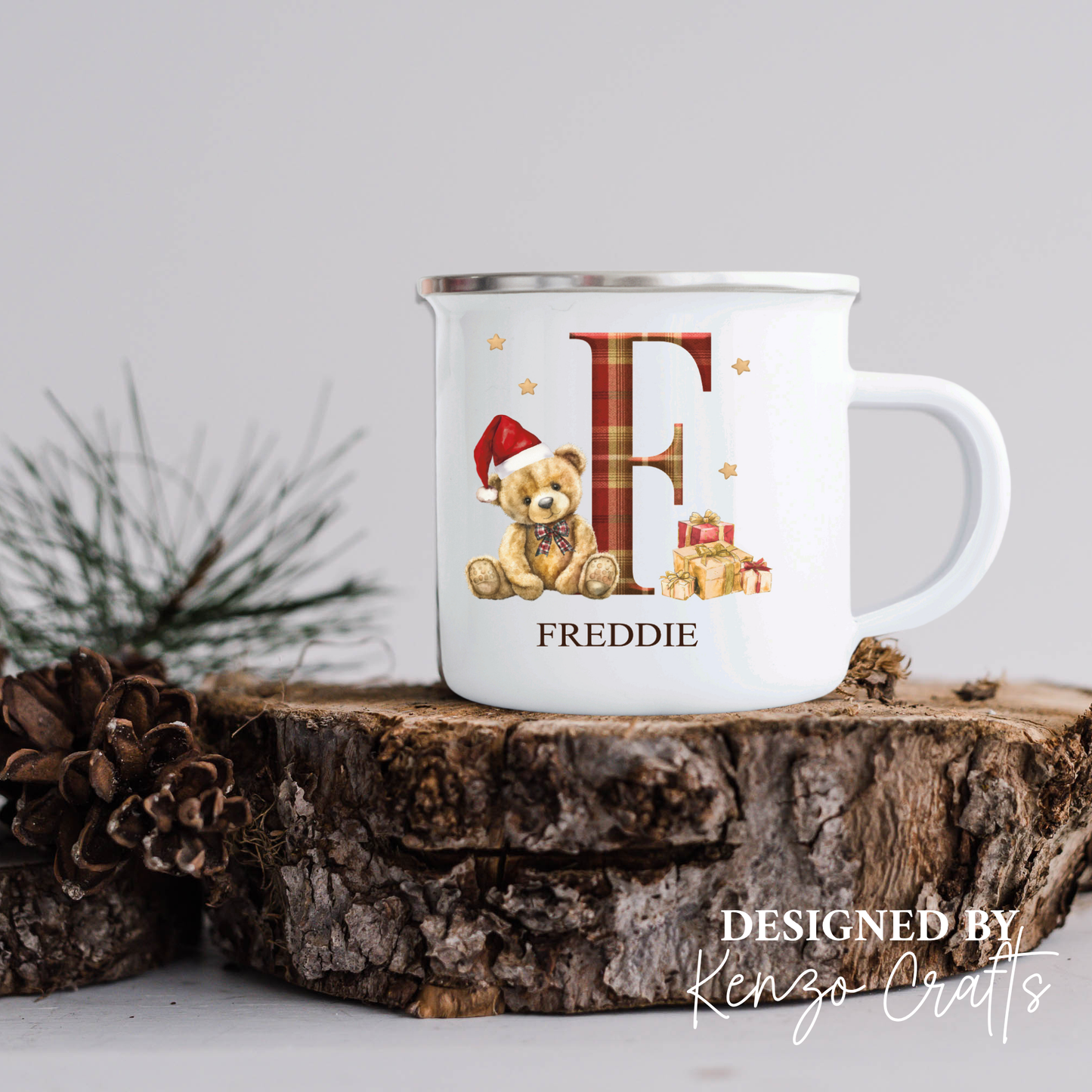 Personalised Children's Christmas Tartan Teddy Enamel Mug