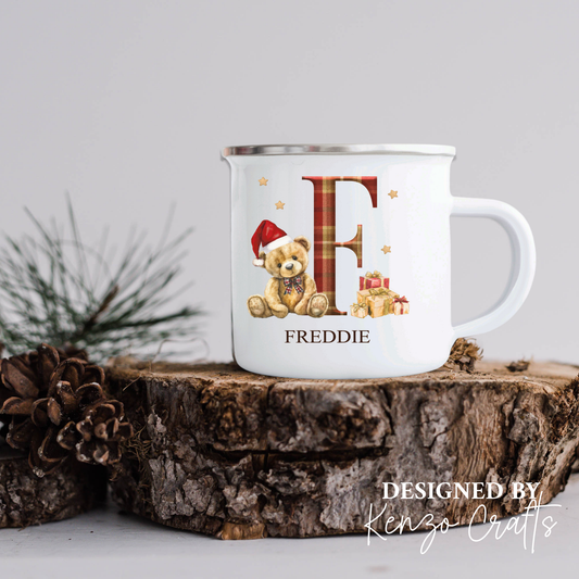 Personalised Children's Christmas Tartan Teddy Enamel Mug