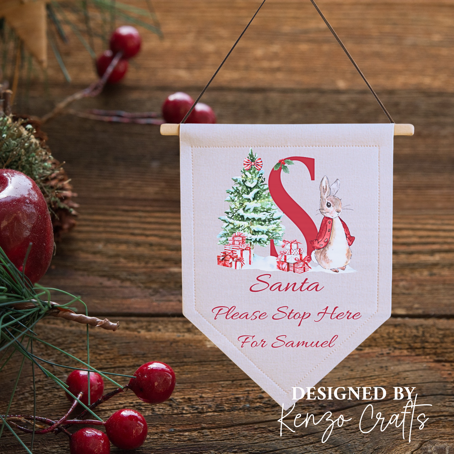 Personalised Santa Please Stop Here Linen Pennant | A-Z Character Designs