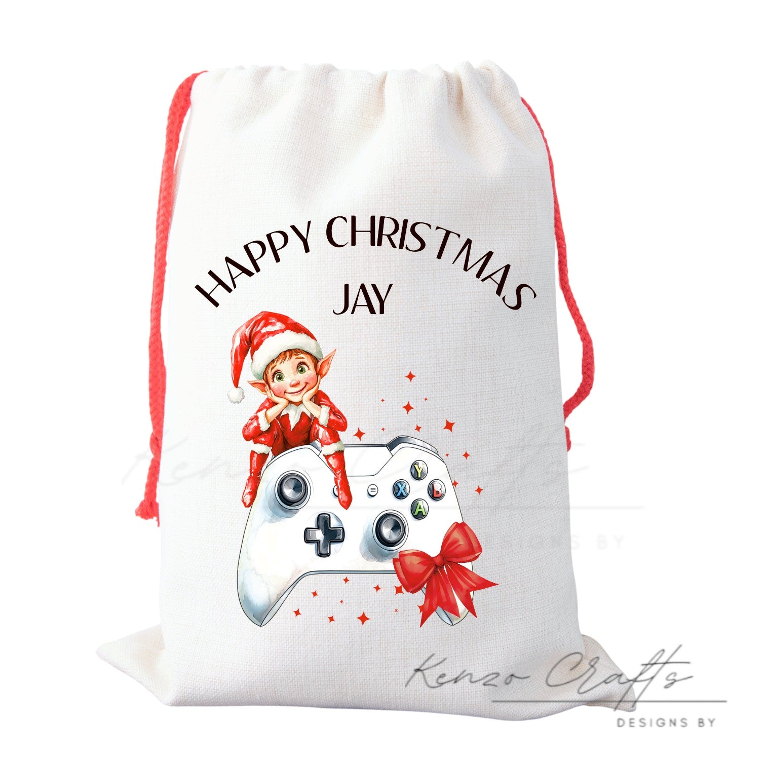 White drawstring bag with Christmas design featuring an elf and gaming controller, personalized with 'Happy Christmas Jay'.