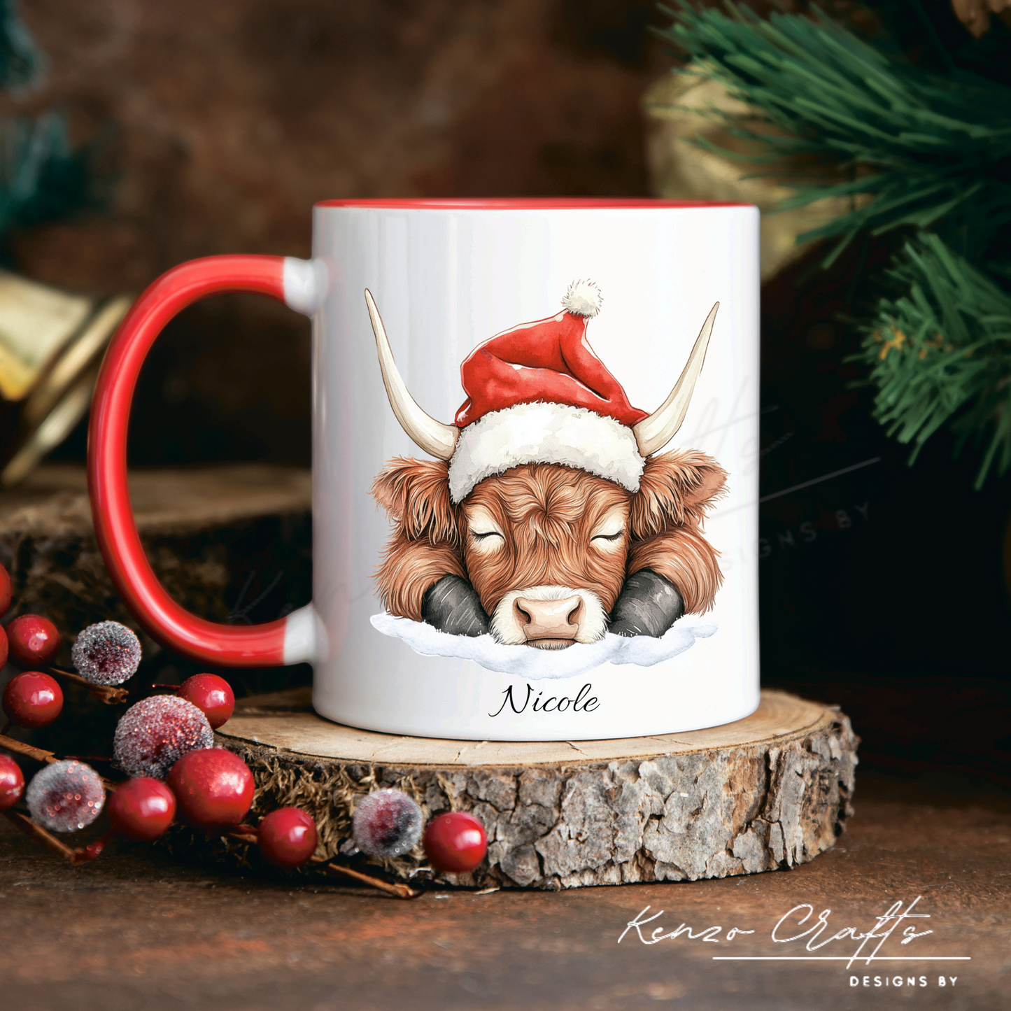 Personalised Highland Cow Christmas Mug | Red Handle & Interior