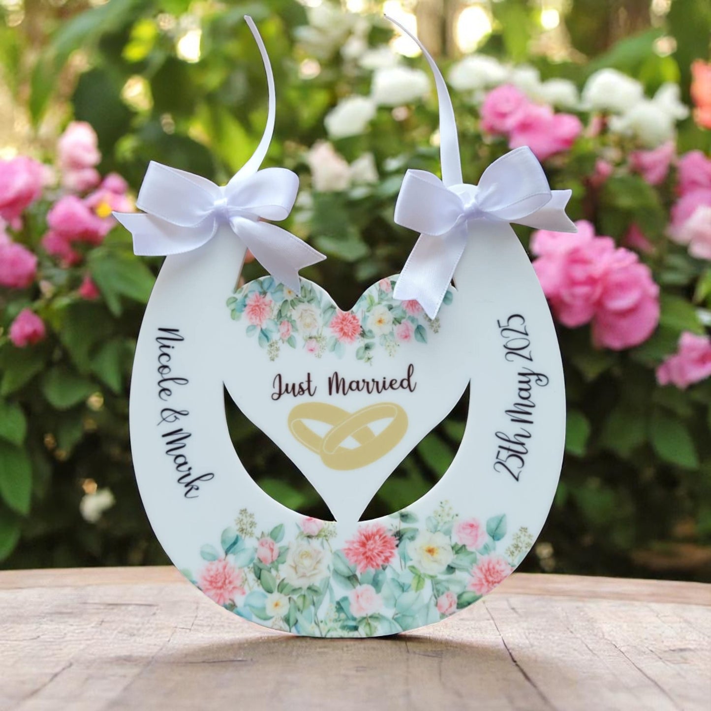 Personalised Floral Wedding Horseshoe Keepsake | Gold Rings Bride & Groom Gift