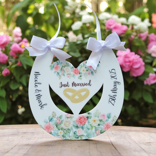 Personalised Floral Wedding Horseshoe Keepsake | Gold Rings Bride & Groom Gift
