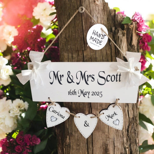 Personalised Wedding Wooden Plaque with Hanging Hearts — Surname Keepsake Gift