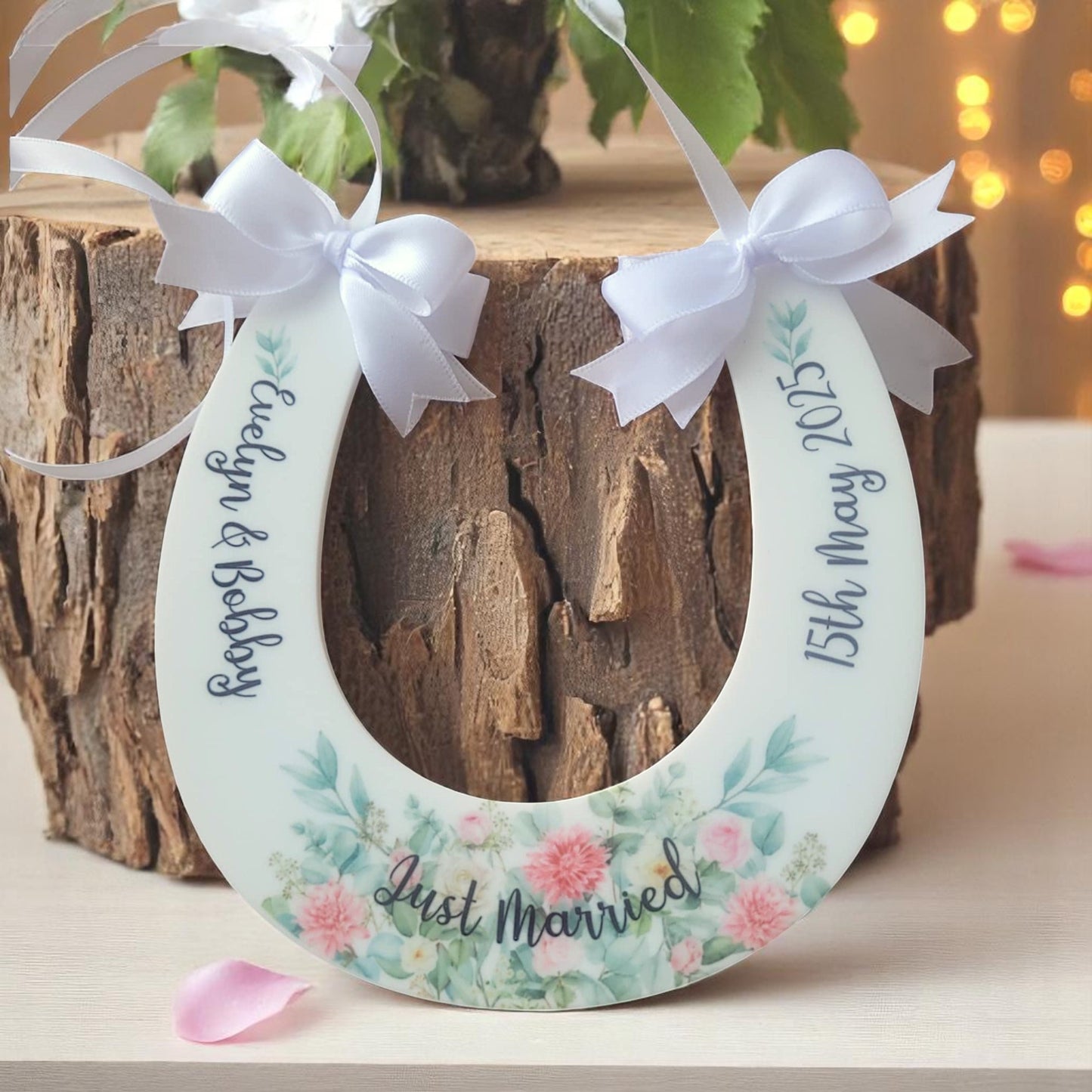 Personalised Floral Wedding Horseshoe Keepsake | Optional Hotel Door Hanger