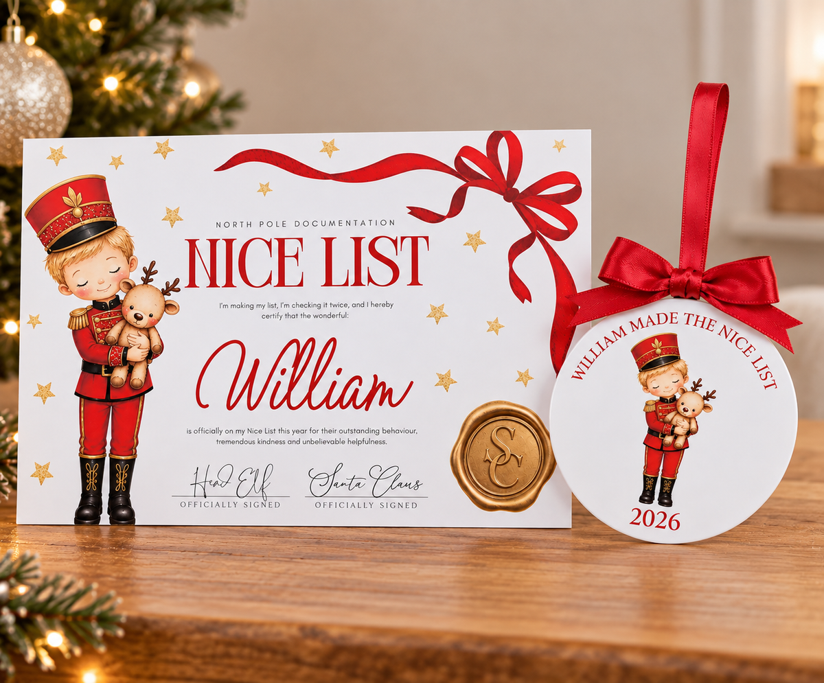 Personalised Nice List Certificate & Bauble | Christmas Tutu | Nutcracker Boy