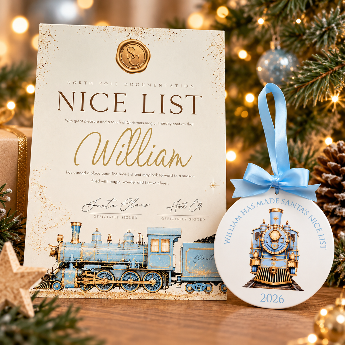 Personalised Nice List Certificate & Bauble Orient Express Bundle