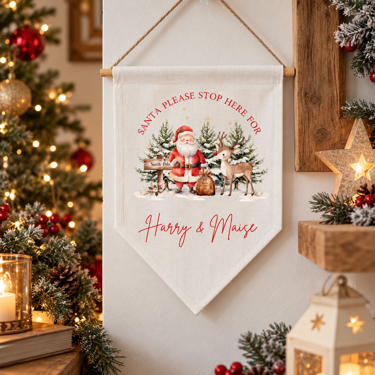 Personalised Santa Christmas Linen Pennant