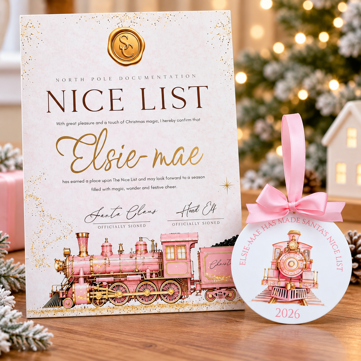 Personalised Nice List Certificate & Bauble Orient Express Bundle