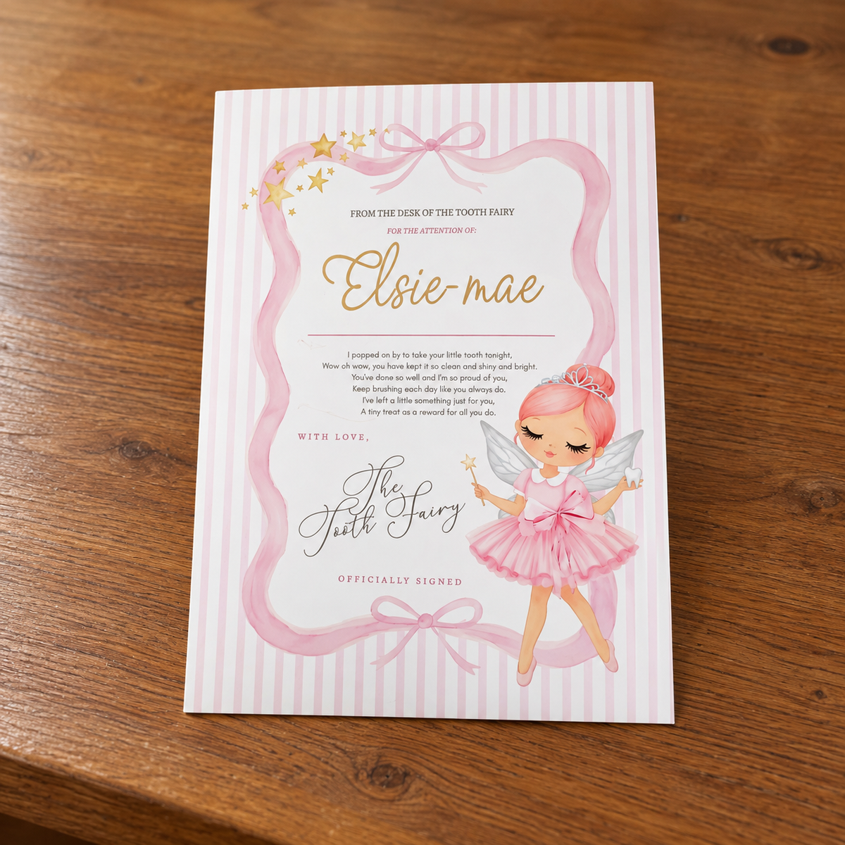 Personalised Tooth Fairy Bundle Includes A4 Certificate & Reusable Bag